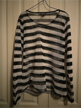 XL Tripp NYC Black & White Striped Open-Weave Sweater